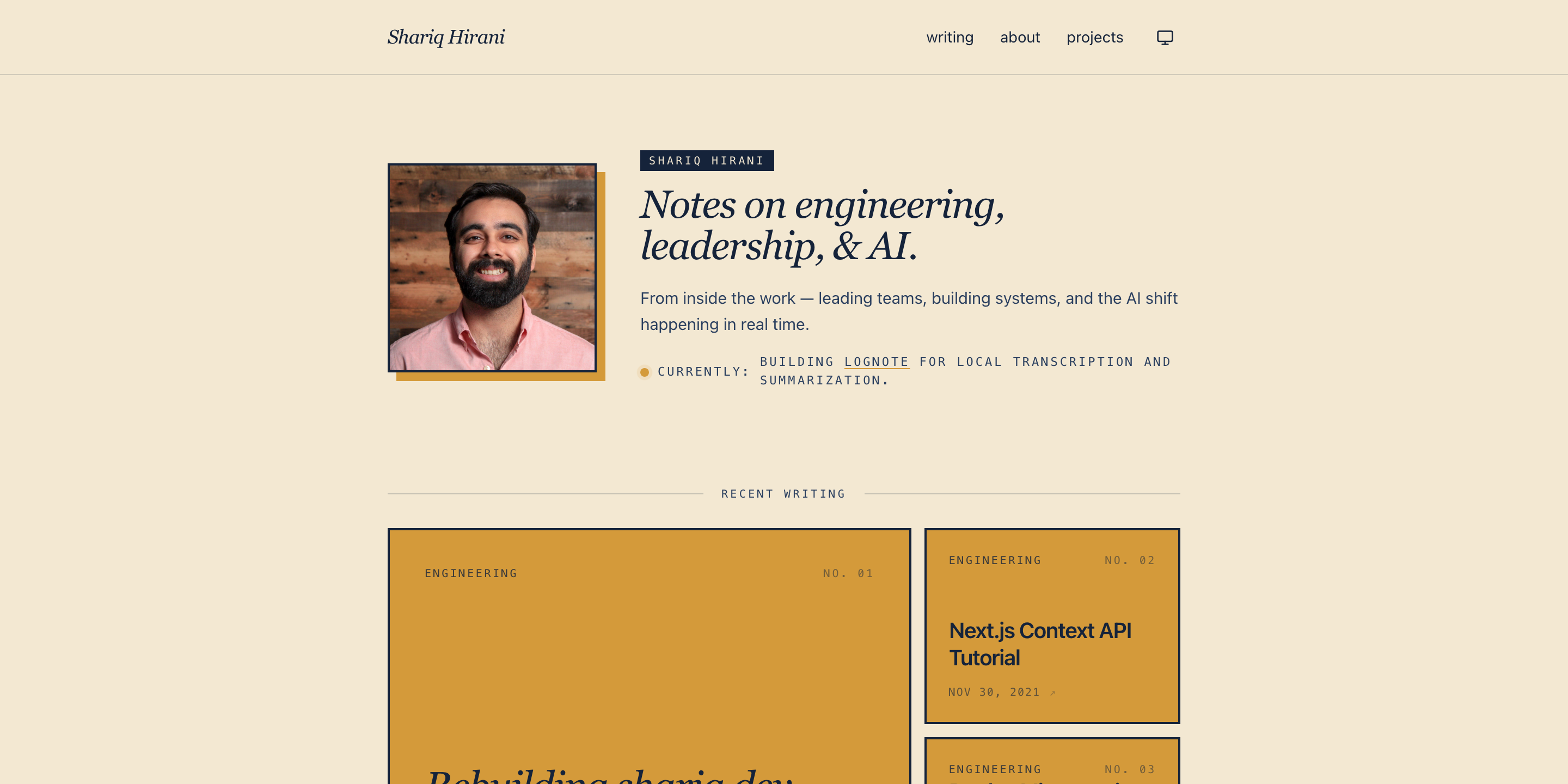 The new shariq.dev homepage hero with the italic-serif title, portrait, and the featured post card.